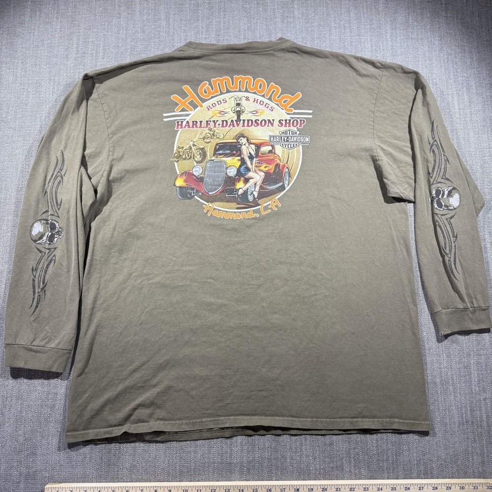Harley-Davidson‎ Shirt Mens 3XL Green Hot Rod Skull Long Sleeve Pin up Girl